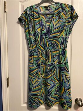 Halogen Green, Blue & Yellow Striped Leaf-Print Wrap Dress